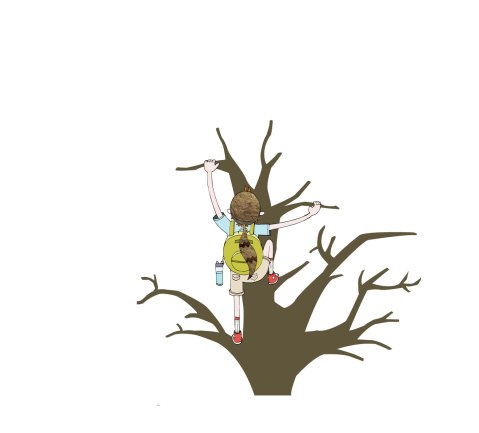 raccoon hat kid climbing a tree